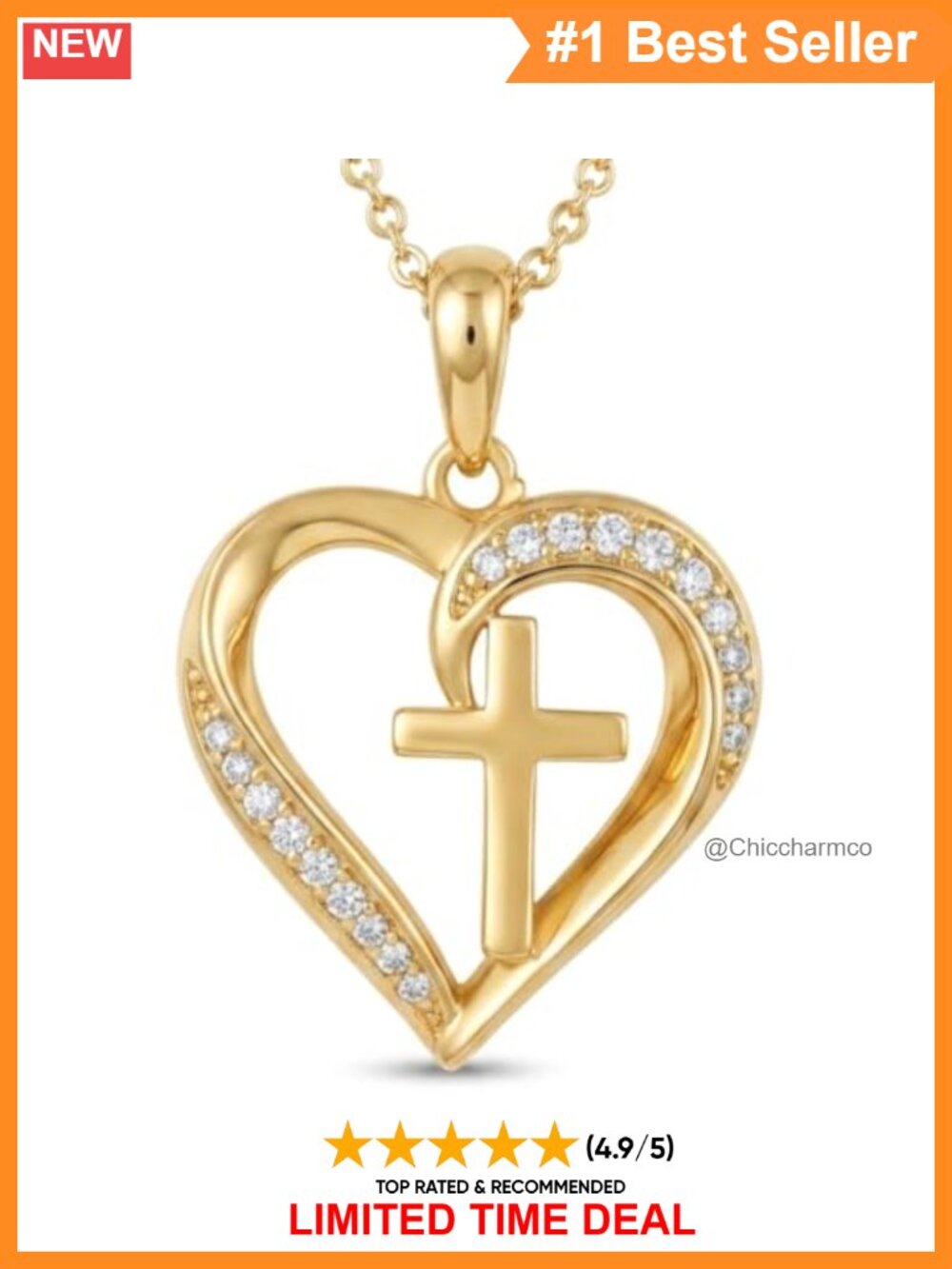 14K Gold Plated Heart Cross Pendant Necklace 18+2 in Cable Chain